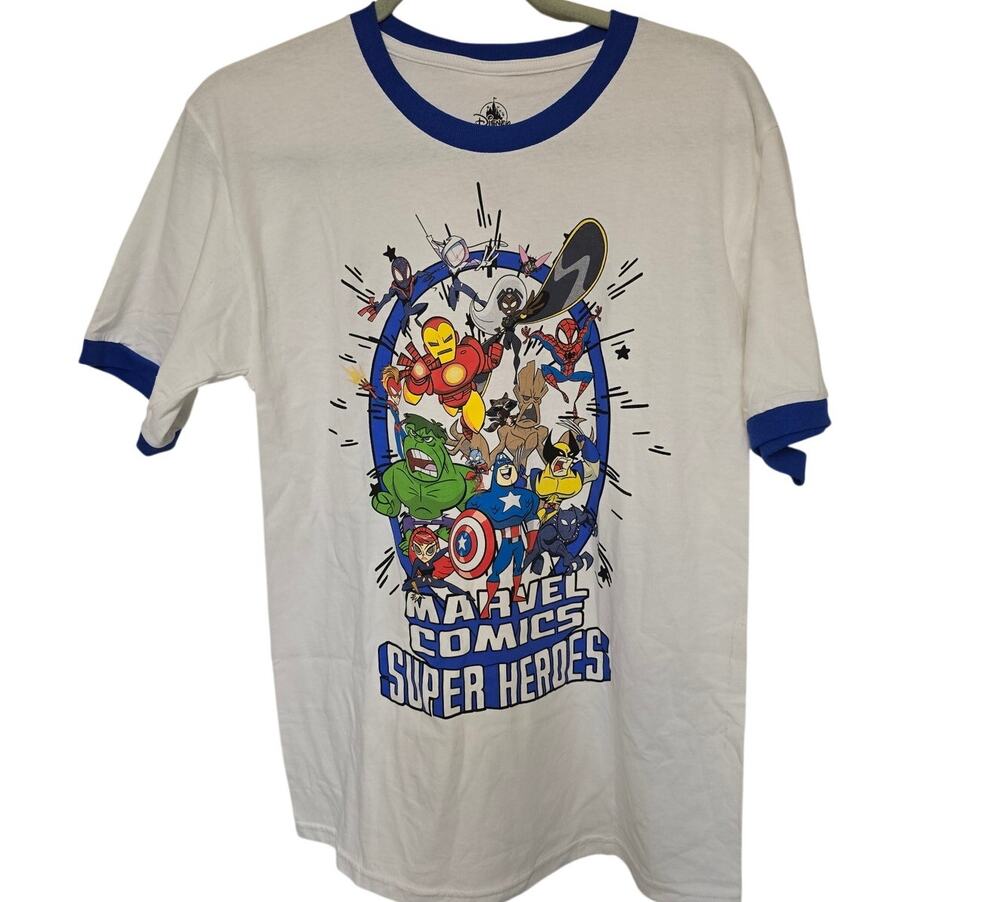 Disney Marvel Comics Super Heroes Ringer T-Shirt Youth XL White Blue NWOT NEW